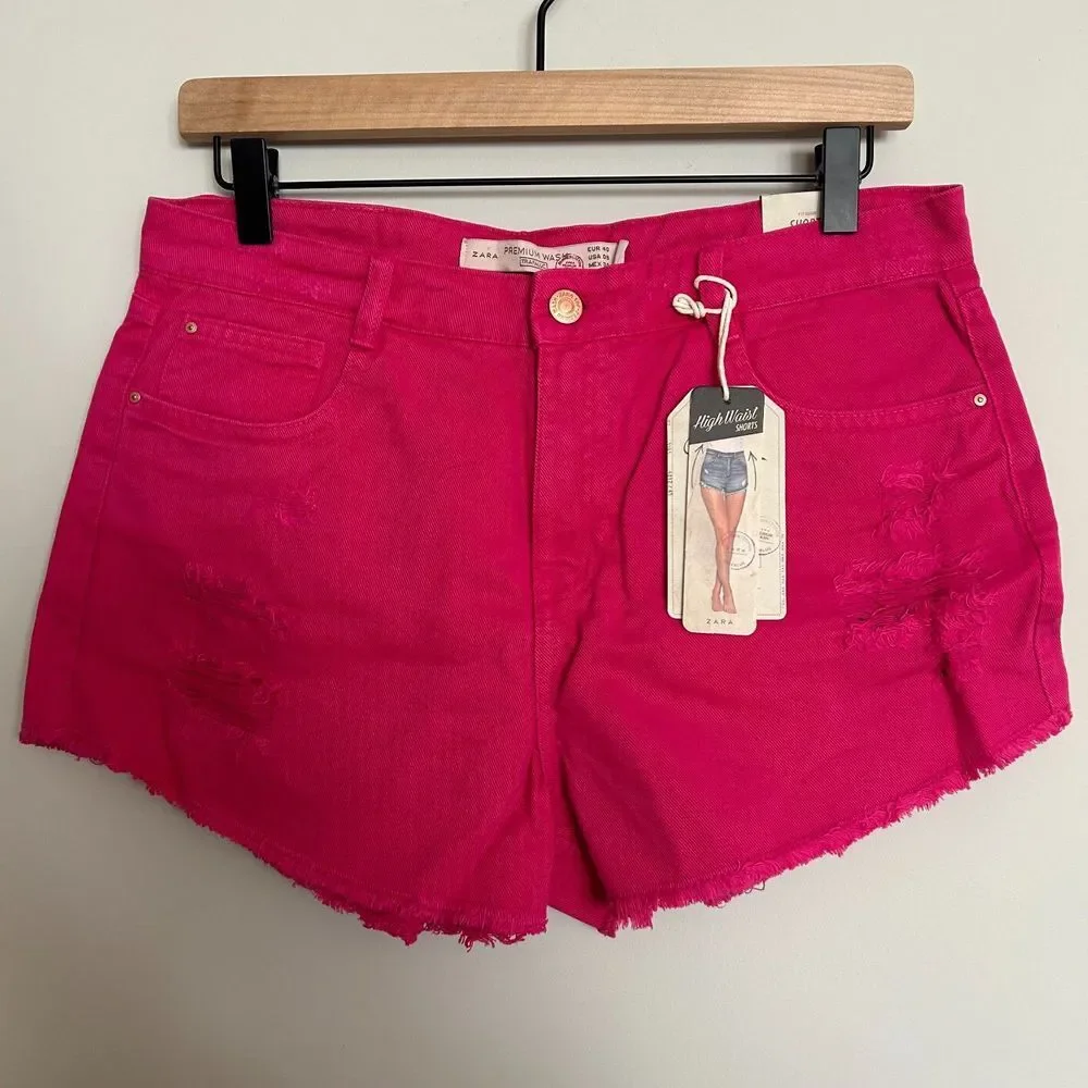 Zara High Waist Distressed Shorts Hot Pink